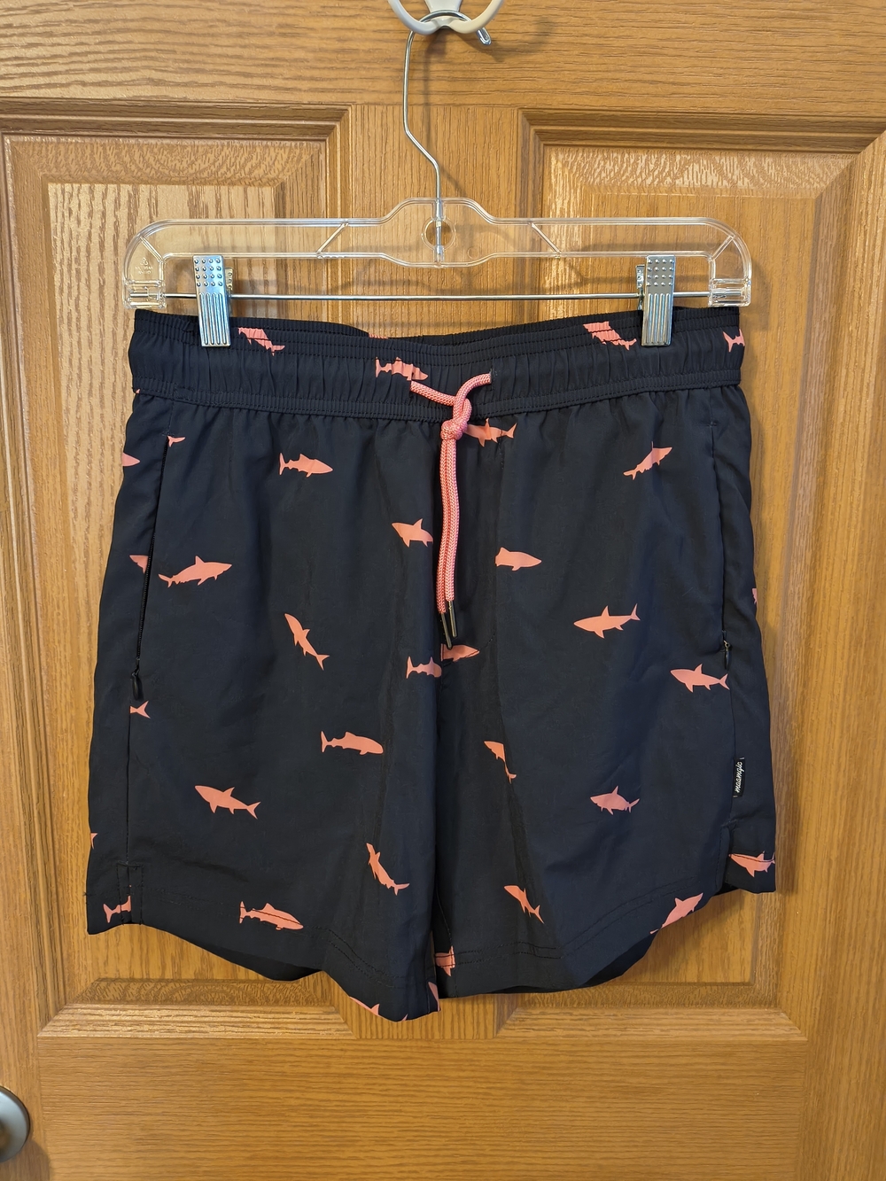 Men's Black Swim Trunks with Pink Shark Print